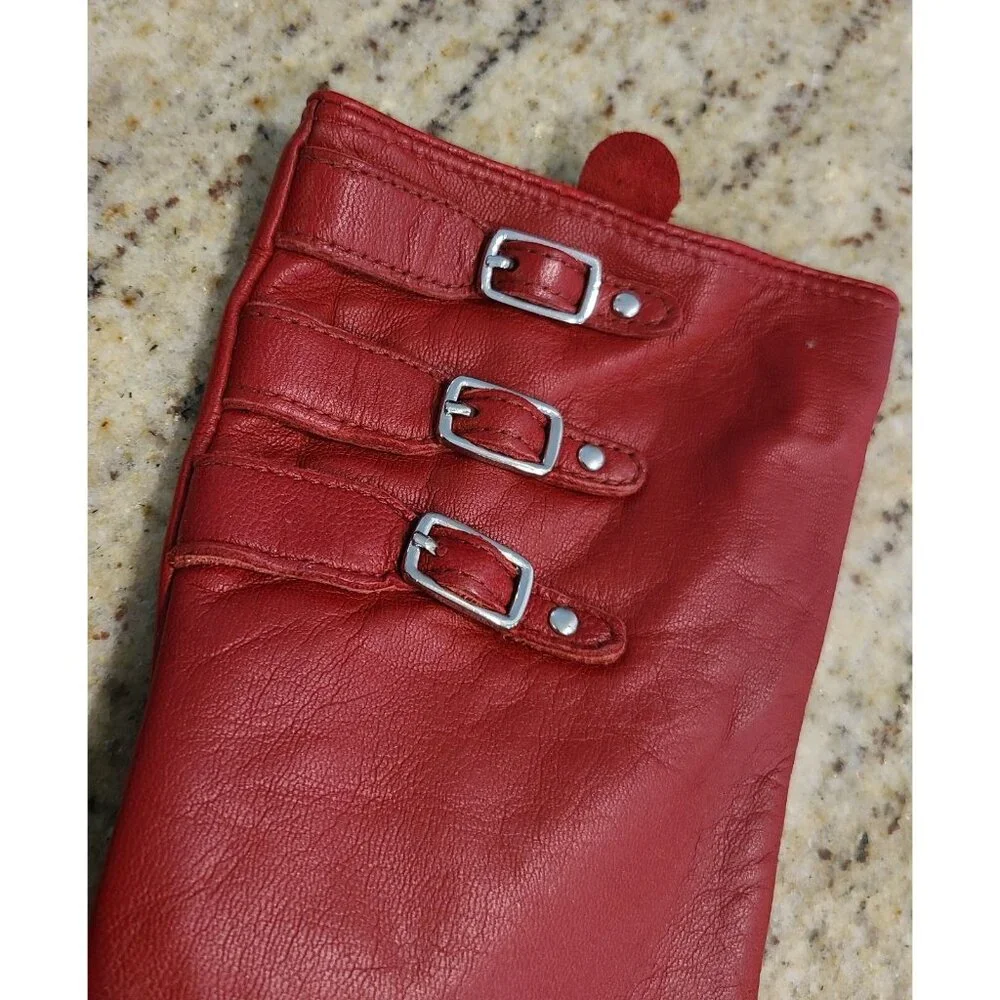 Merona Womens Size S/M Red Leather Lined Winter Gloves 3 Buckle Accent